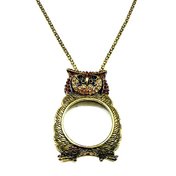 IRIS APFEL SYLE OWL PENDANT W/MAGNIFYING GLASS CENTER GOLD TONE CHAIN NE… - Picture 1 of 6